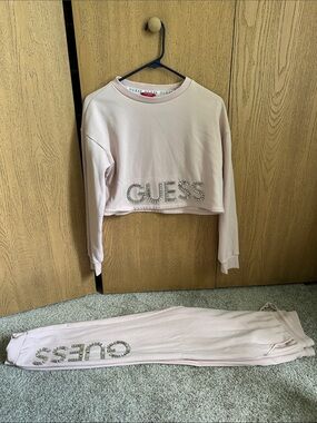 Guess Light Pink Rhinestone Logo Crop Sweatshirt and Joggers Set